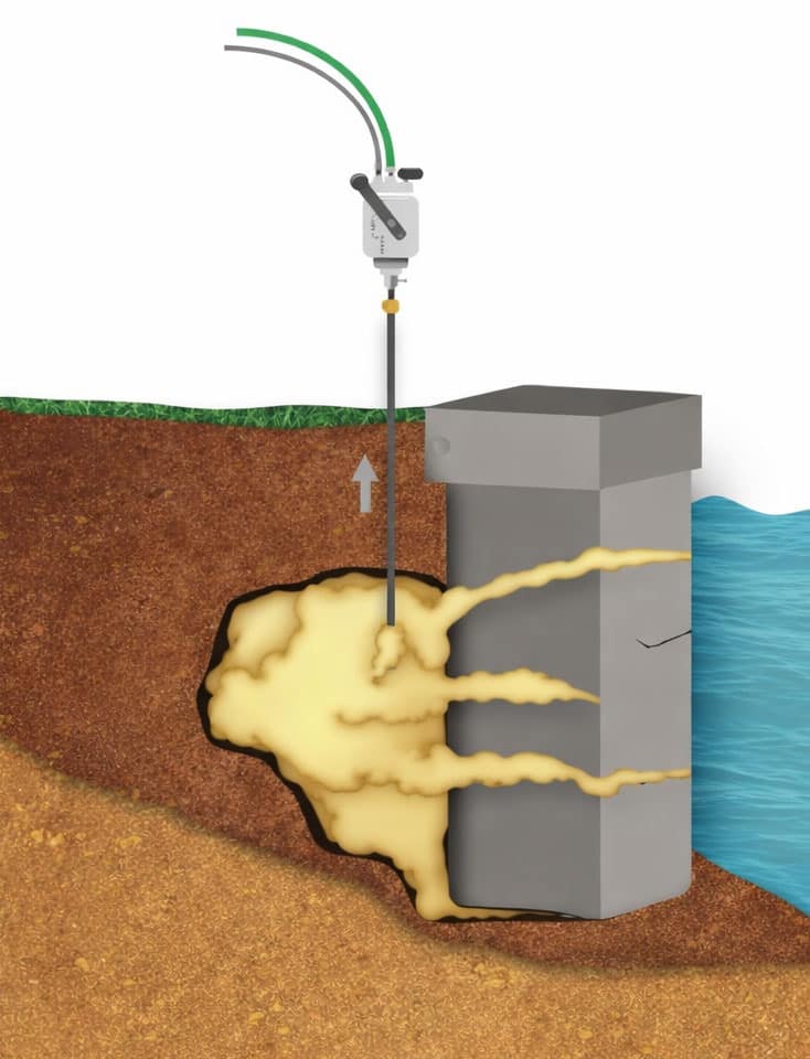 sea wall repair after stabilized sea wall after polyurethane foam injection